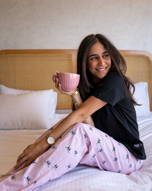 Women summer pajama set Black T-shirt + Rose Dog Pants